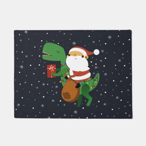 Christmas Santa Claus T_rex Dinosaur Sleigh Doormat