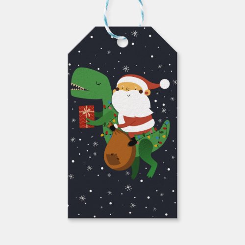 Christmas Santa Claus T_rex Dinosaur Sleigh Gift Tags