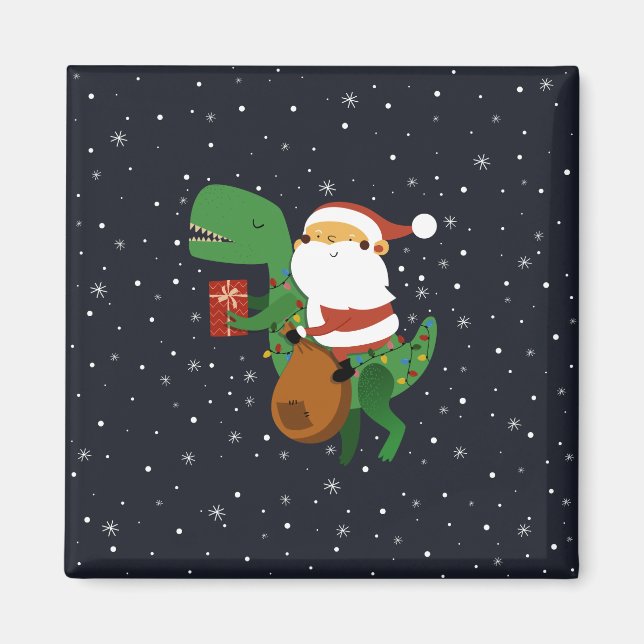 Christmas Santa Claus T-rex Dinosaur Sleigh Magnet (Front)