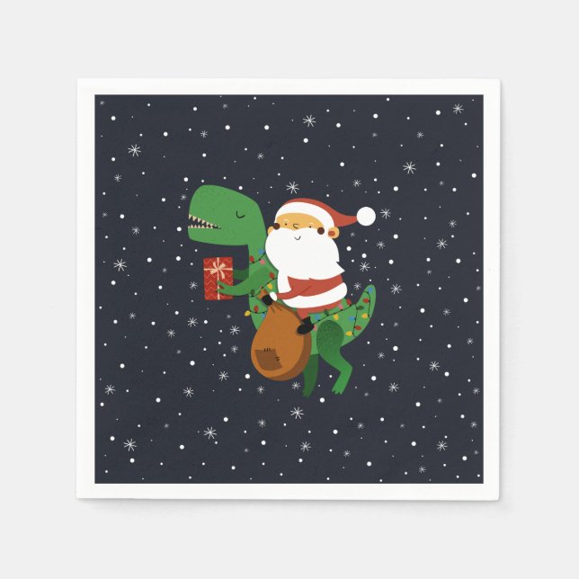 Christmas Santa Claus T-rex Dinosaur Sleigh Napkins (Front)
