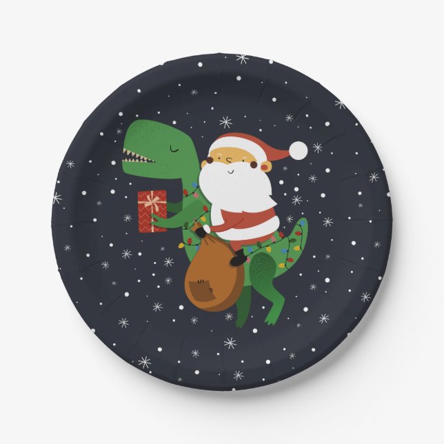 Christmas Santa Claus T-rex Dinosaur Sleigh Paper Plates (Front)