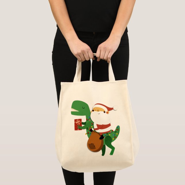 Christmas Santa Claus T-rex Dinosaur Sleigh Tote Bag (Front (Product))