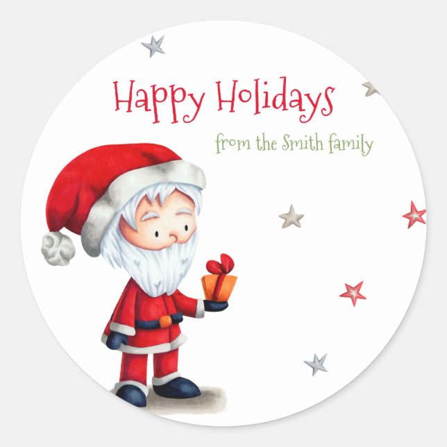 Christmas Santa Claus with Present Personalized Classic Round Sticker (Front)