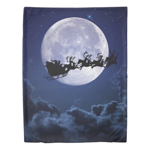 Christmas Santa Clause Reindeer Sleigh Flying Moon Duvet Cover