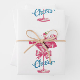 Christmas Santa Cocktail Glass Cheers Vintage Xmas Wrapping Paper Sheets
