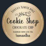 Christmas Santa Cookie Shop Custom Child Name Classic Round Sticker<br><div class="desc">Santa's north pole cookie shop with custom kids name. Fun stickers to add to kids gifts! Sana baked this cookie just for  custom child name or family name. A fun addition to holiday cookie gifts.</div>