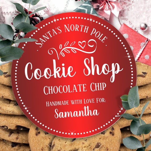 Christmas Santa Cookie Shop Custom Name  Classic Round Sticker (Creator Uploaded)