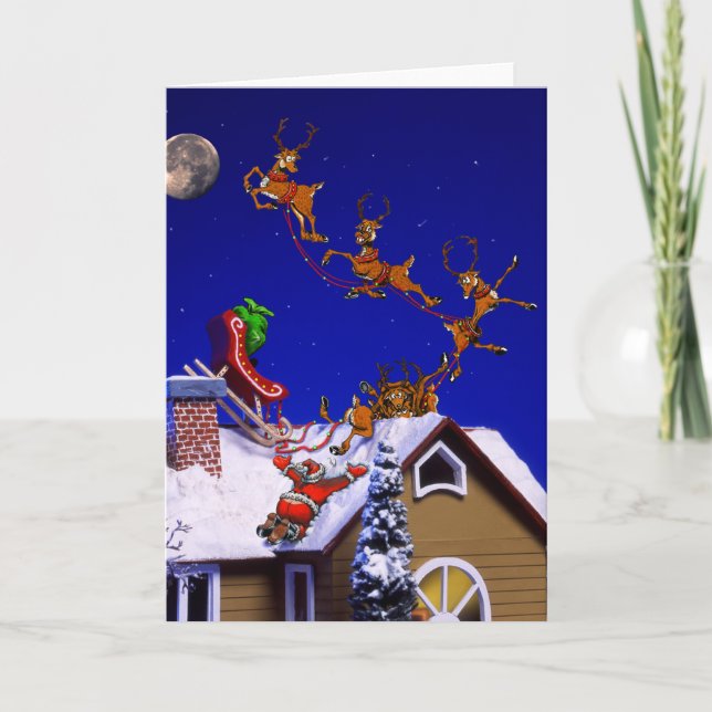 Christmas - Santa crashed on the rooftop Holiday Card (Front)