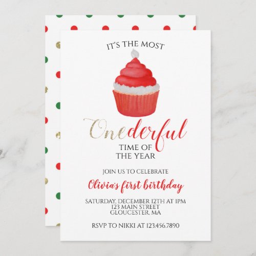 Christmas Santa Cupcake Onederful First Birthday I Invitation