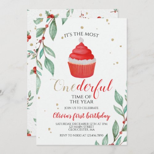 Christmas Santa Cupcake Onederful First Birthday I Invitation