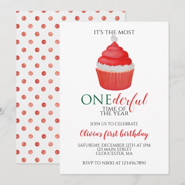 Christmas Santa Cupcake Onederful First Birthday Invitation (Front/Back)