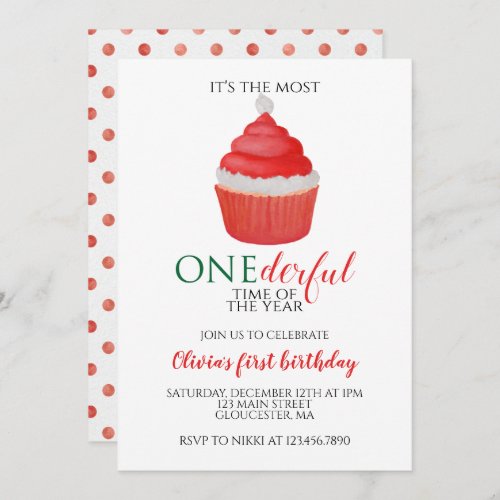 Christmas Santa Cupcake Onederful First Birthday Invitation