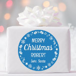 Christmas Santa Custom Name Blue Classic Round Sticker<br><div class="desc">Make Christmas extra special with these personalized name Santa stickers. Featuring a festive border with snowflakes,  holly,  christmas stockings and stars in blue and white.</div>