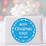 Christmas Santa Custom Name Blue Classic Round Sticker<br><div class="desc">Make Christmas extra special with these 'Love,  Santa' stickers,  personalized with the recipient's name. A stylish template,  featuring a festive border with snowflakes,  holly,  holiday stockings and stars. Custom stickers make a wonderful addition to your gift wrap,  envelopes,  party favors,  and more! Colors: blue and white.</div>