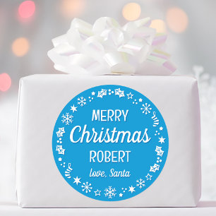 Christmas Santa Custom Name Blue Classic Round Sticker