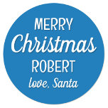 Christmas Santa Custom Name Blue Small Classic Round Sticker<br><div class="desc">Make Christmas magical with a set of personalised Santa stickers. These blue and white stickers can be customized with the recipient's name to make them truly unique. The perfect addition to your holiday gift wrap!</div>