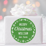 Christmas Santa Custom Name Green Classic Round Sticker<br><div class="desc">Make Christmas extra special with these 'Love,  Santa' stickers,  personalized with the recipient's name. A stylish template,  featuring a festive border with snowflakes,  holly,  holiday stockings and stars. Custom stickers make a wonderful addition to your gift wrap,  envelopes,  party favors,  and more! Colors: green and white.</div>