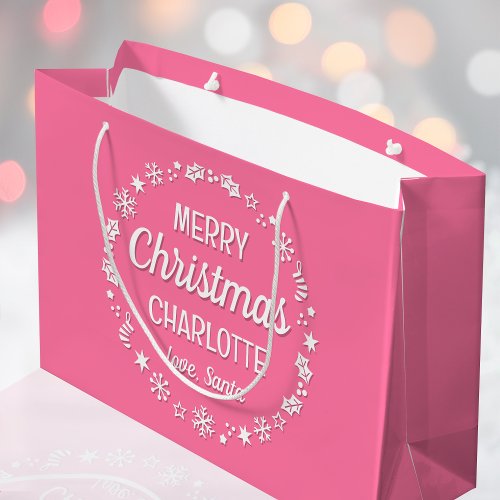Christmas Santa Custom Name Pink Large Gift Bag