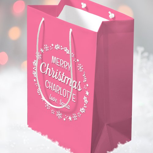 Christmas Santa Custom Name Pink Medium Gift Bag