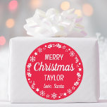 Christmas Santa Custom Name Red Classic Round Sticker<br><div class="desc">Make Christmas extra special with these 'Love,  Santa' stickers,  personalized with the recipient's name. A stylish template,  featuring a festive border with snowflakes,  holly,  holiday stockings and stars. Custom stickers make a wonderful addition to your gift wrap,  envelopes,  party favors,  and more! Colors: red and white.</div>