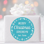 Christmas Santa Custom Name Teal Classic Round Sticker<br><div class="desc">Make Christmas extra special with these 'Love,  Santa' stickers,  personalized with the recipient's name. A stylish template,  featuring a festive border with snowflakes,  holly,  holiday stockings and stars. Custom stickers make a wonderful addition to your gift wrap,  envelopes,  party favors,  and more! Colors: blue-green teal and white.</div>