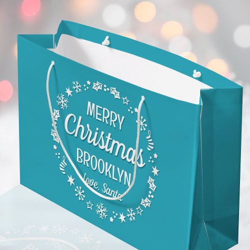 Christmas Santa Custom Name Teal Large Gift Bag