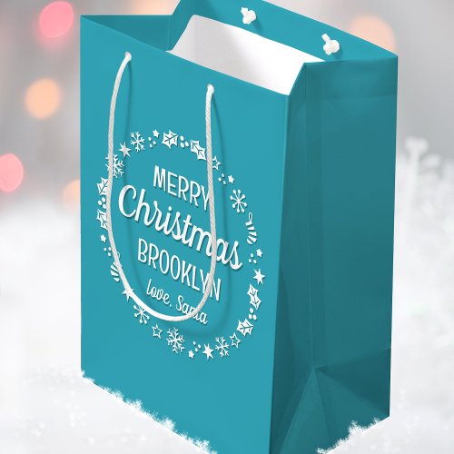 Christmas Santa Custom Name Teal Medium Gift Bag