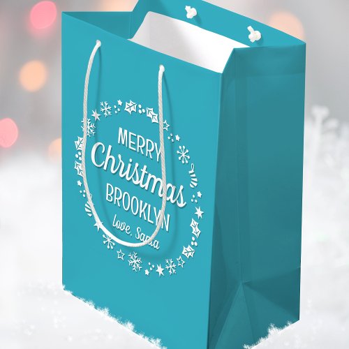 Christmas Santa Custom Name Teal Medium Gift Bag