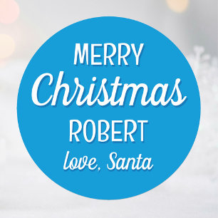 Christmas Santa Custom Name Typography Blue Classic Round Sticker