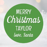 Christmas Santa Custom Name Typography Green Classic Round Sticker<br><div class="desc">Make Christmas morning even more magical with custom ‘Love, Santa’ stickers! A festive template with retro typography, and personalized with your child's name. These stickers are perfect for adding a special touch to gift wrap, envelopes, gift tags, and more! A fun surprise that kids will love! Printed colors: green and...</div>