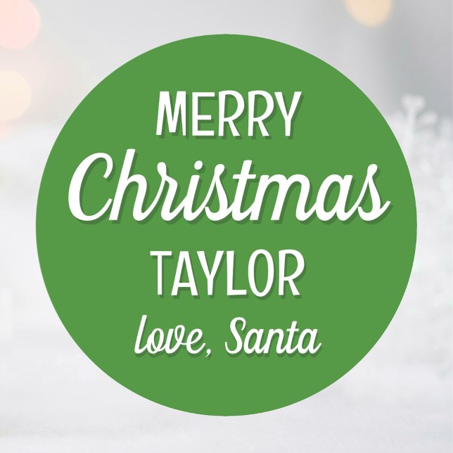 Christmas Santa Custom Name Typography Green Classic Round Sticker (Creator Uploaded)