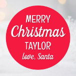 Christmas Santa Custom Name Typography Red Classic Round Sticker<br><div class="desc">Make Christmas morning even more magical with custom ‘Love, Santa’ stickers! A festive template with retro typography, and personalized with your child's name. These stickers are perfect for adding a special touch to gift wrap, envelopes, gift tags, and more! A fun surprise that kids will love! Printed colors: red and...</div>