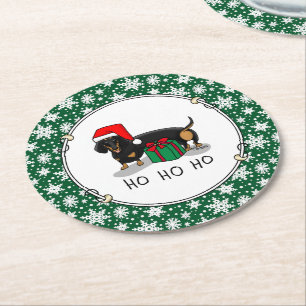 Christmas Santa Dachshund (S black & tan) Funny Round Paper Coaster