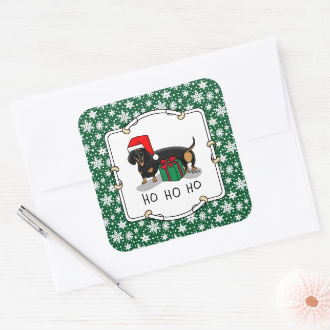 Christmas Santa Dachshund (S black & tan) Funny Square Sticker (Envelope)