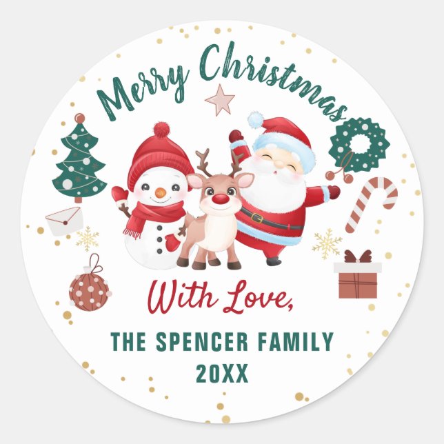 Christmas Santa Deer Snowman Holiday Classic Round Sticker (Front)