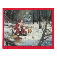 Christmas Santa Deer Wildlife Xmas Holiday Card Jigsaw Puzzle