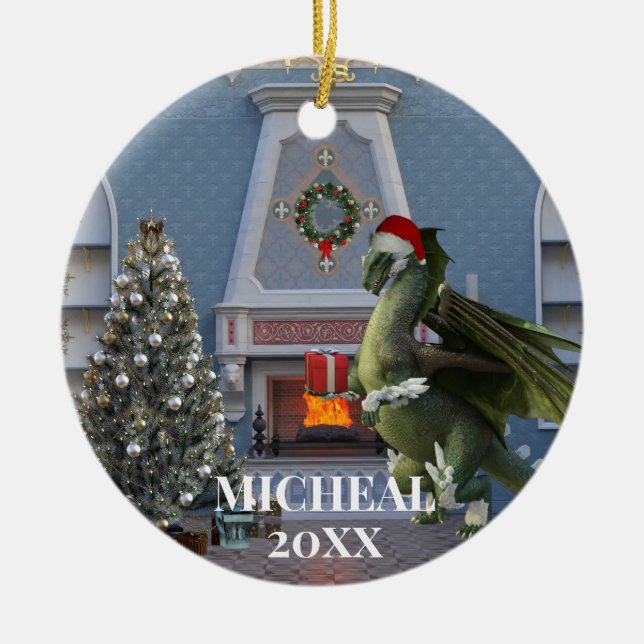 Christmas Santa Dragon Tree Fireplace Scene Ceramic Ornament (Front)