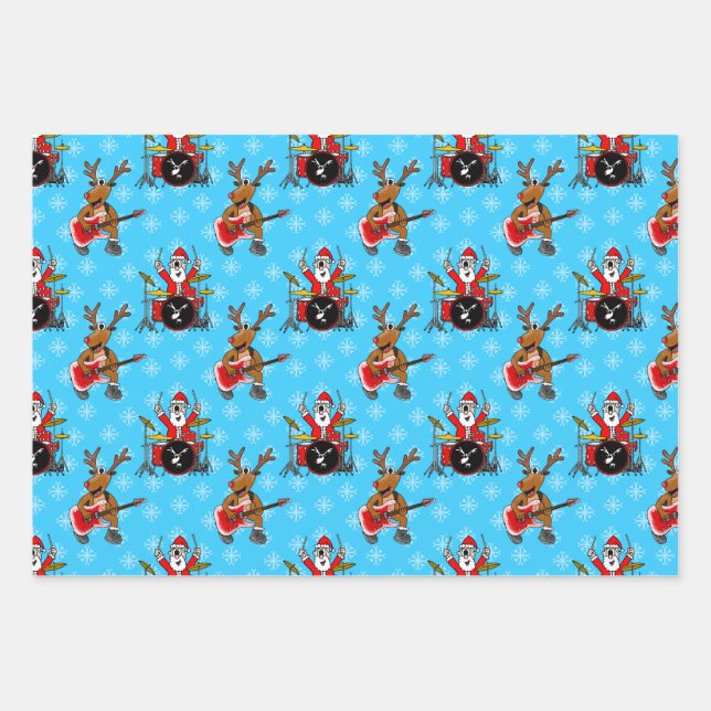 Christmas Santa Drums Rudolf Guitar Pattern Wrapping Paper Sheets (Front)