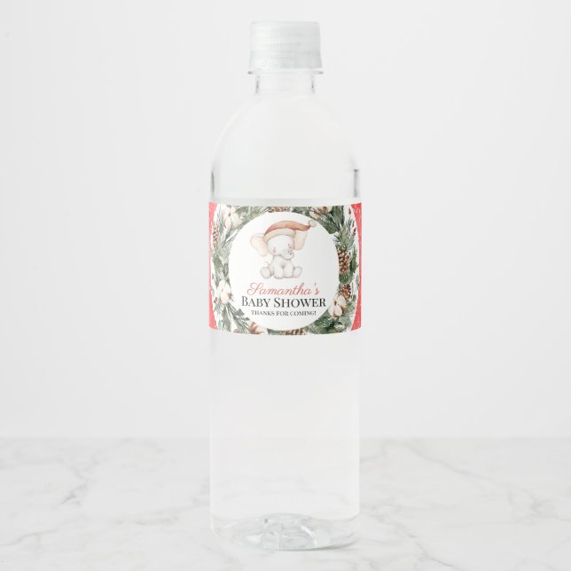 Christmas Santa Elephant Greenery Baby Shower Water Bottle Label (Front)