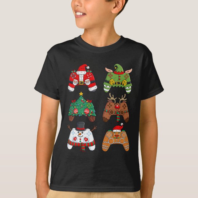 Christmas Santa Elf Gaming Controllers Fun Xmas Bo T-Shirt (Front)