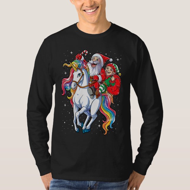 Christmas Santa Elf Riding Unicorn Xmas  Girls Wom T-Shirt (Front)