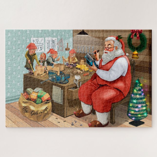 Christmas Santa Elves Monogram Folklore Tradition Jigsaw Puzzle (Horizontal)