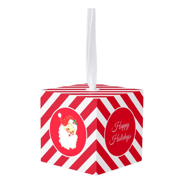 Christmas Santa & elves on red & white striped Cube Ornament (Back Angled)