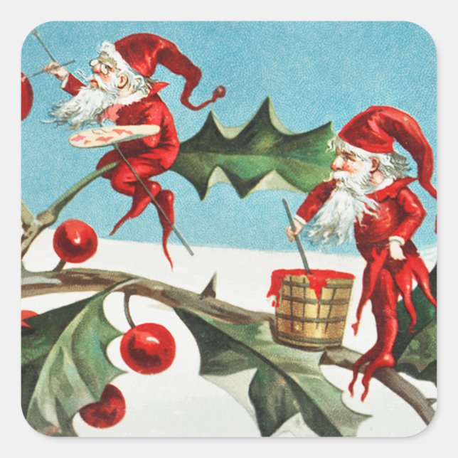 Christmas Santa Elves Painting Berries on Leaves Square Sticker (Front)