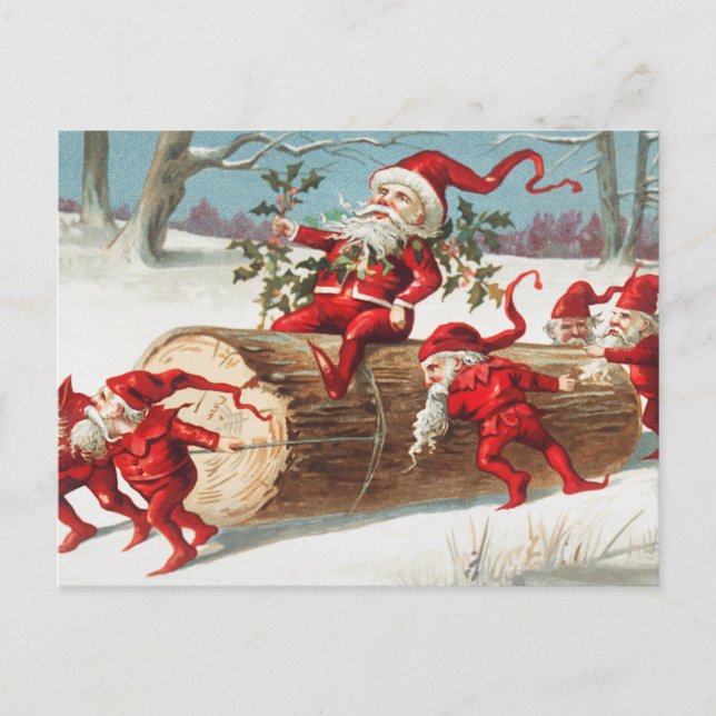 Christmas Santa elves sliding on a log Holiday (Front)