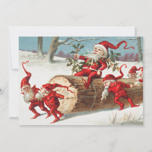 Christmas Santa elves sliding on a log Holiday Card