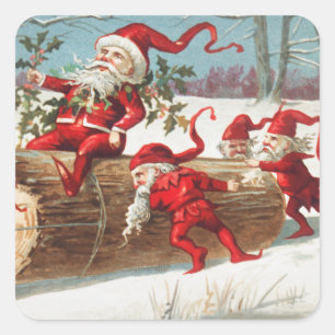 Christmas Santa elves sliding on a log Holiday Square Sticker