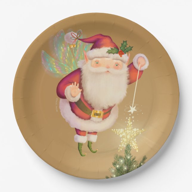 Christmas Santa Fairy Gold Paper Plate (Front)