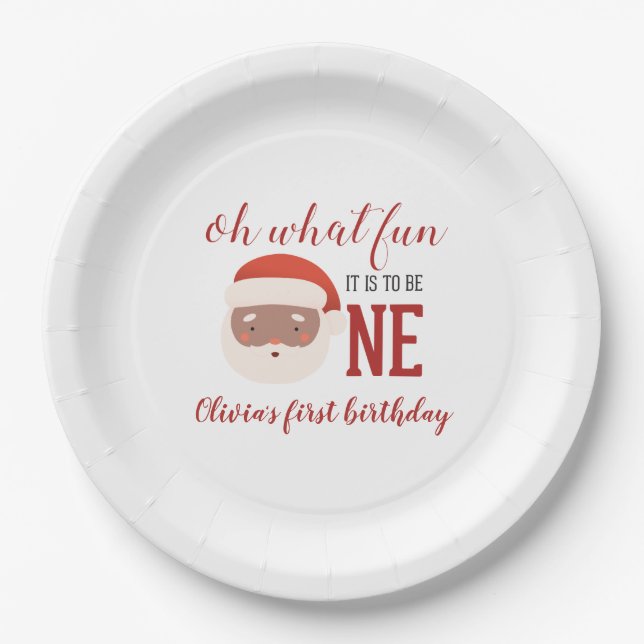 Christmas Santa First Birthday Paper Plates (Front)