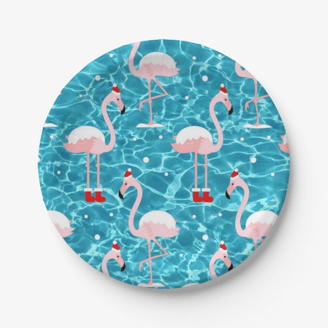 christmas santa flamingo paper plates (Front)
